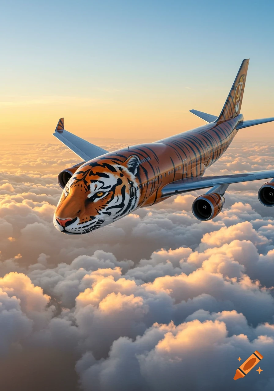 Photorealistic tiger-themed Boeing 747 airplane flying above clouds at sunset.