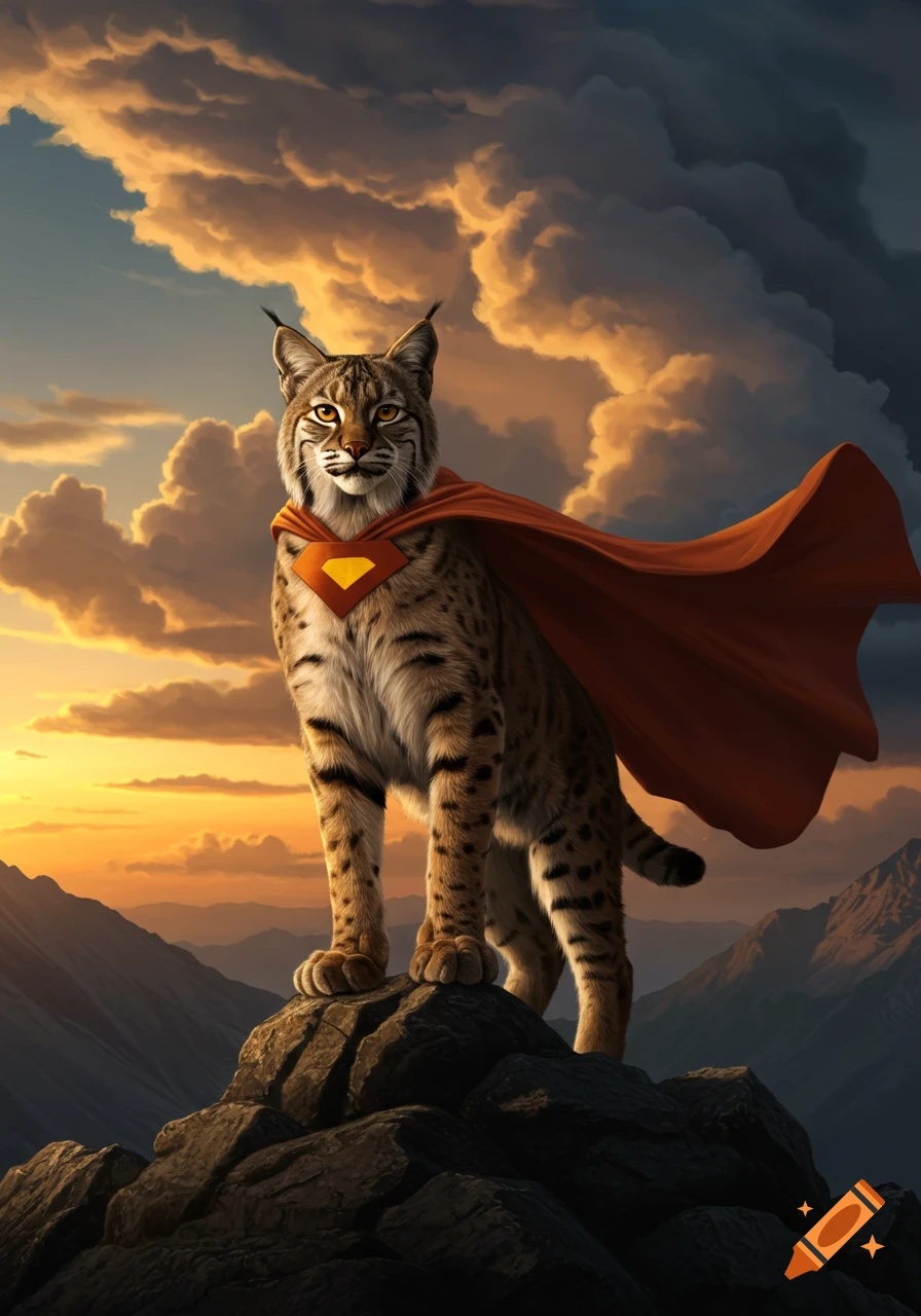 A photorealistic bobcat superhero in a red cape stands on a rocky mountain peak against a dramatic sunset sky.