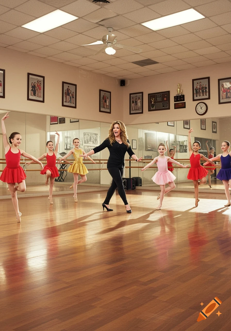 A female dance instructor teaches ballet to young girls in a dance studio with mirrors and wooden floors.