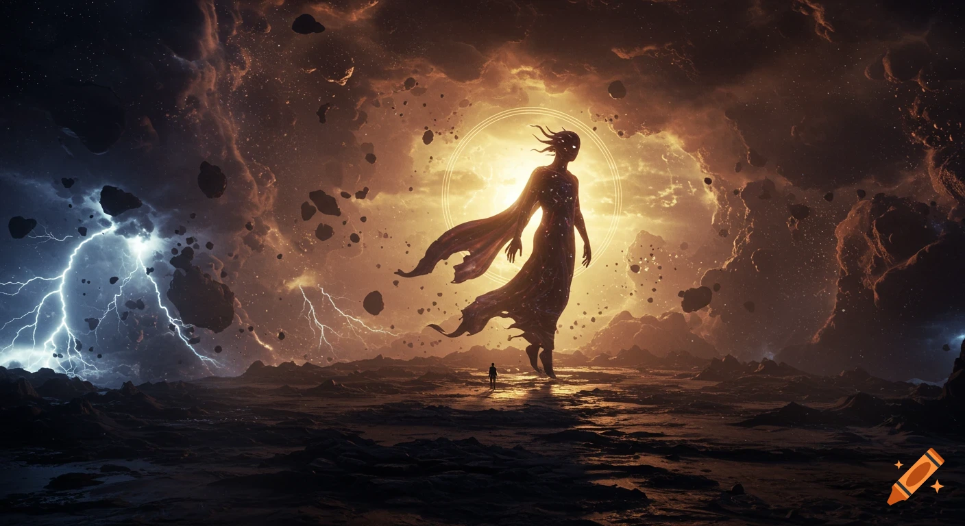 A giant glowing robed figure stands over a tiny human in a stormy, cosmic landscape with lightning and floating asteroids.