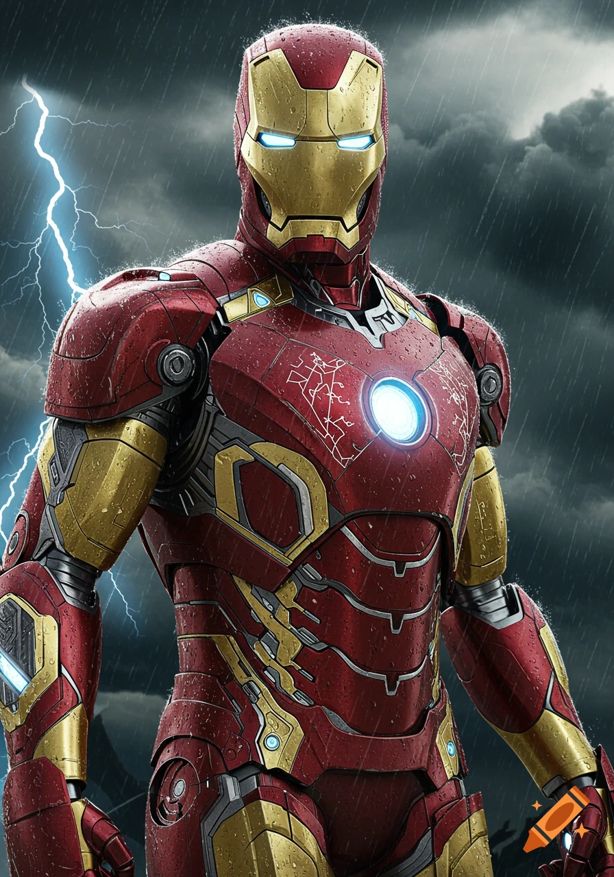 Iron Man in his red and gold armor stands in the rain with lightning in the background, photorealistic style.