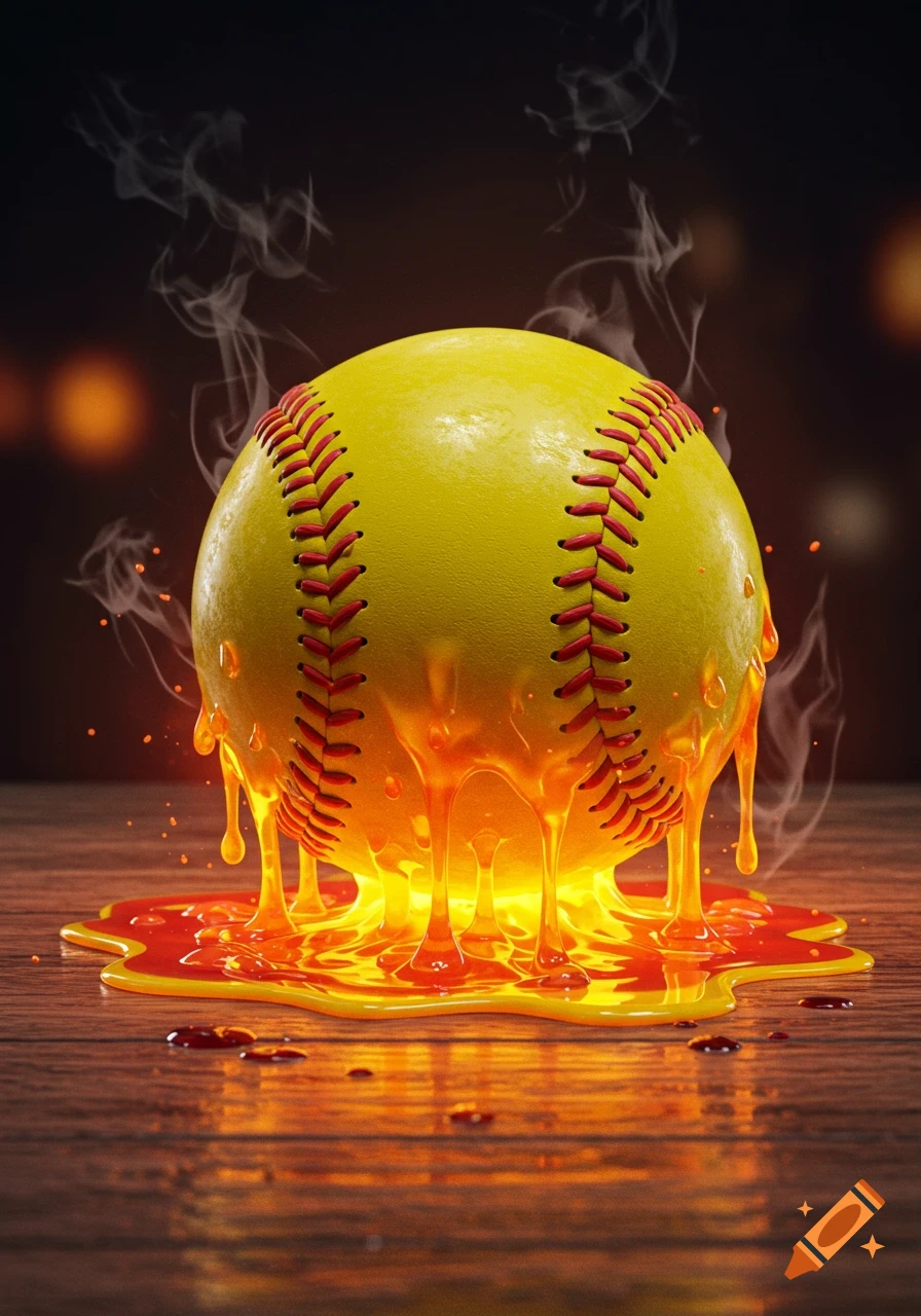 A vibrant yellow softball is melting, dripping orange-red liquid onto a wooden surface, with wisps of smoke rising above it in a dark setting.