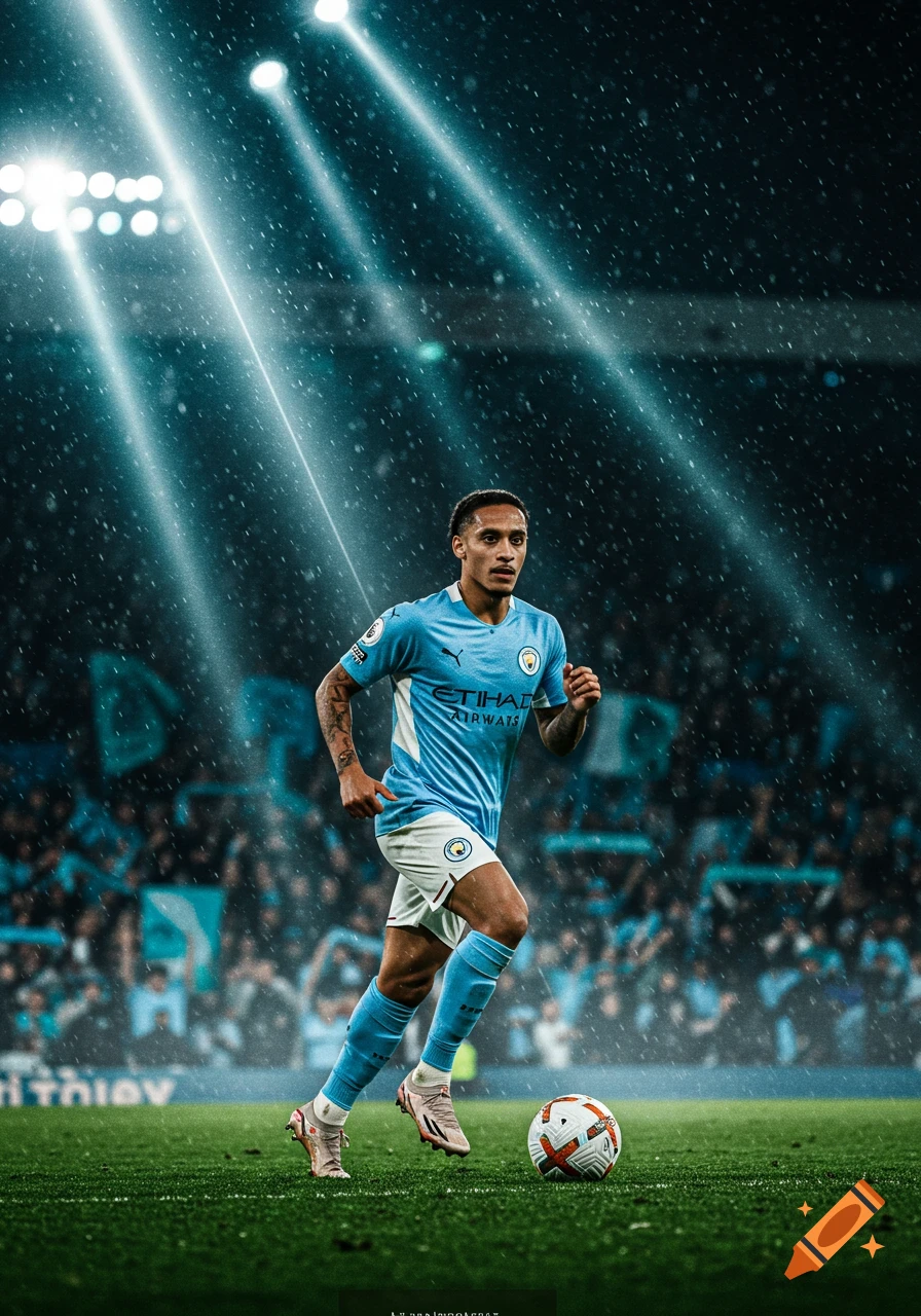 A soccer player in a light blue jersey dribbles a ball on a rainy field under bright stadium lights. He is running to the right with a soccer ball at his feet.