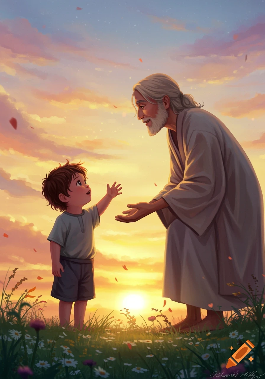 Digital painting of a child reaching to a kind, elderly adult in a vibrant sunset field with flowers.