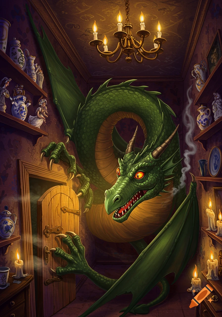 A large green dragon with glowing red eyes is crammed into a small, candle-lit, richly decorated room, peering from behind a half-open wooden door.