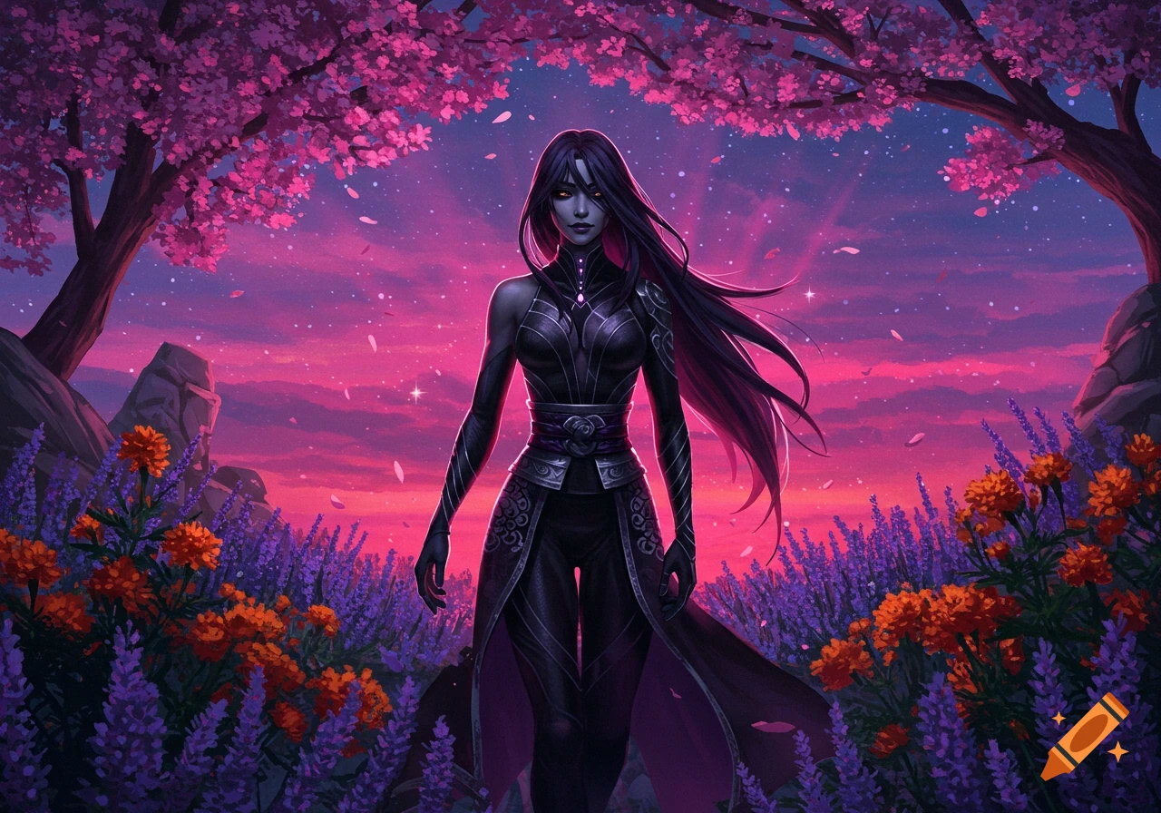 Digital art of a dark-haired woman in black armor standing in a lavender field with orange flowers under pink cherry blossom trees and a starry purple sky.