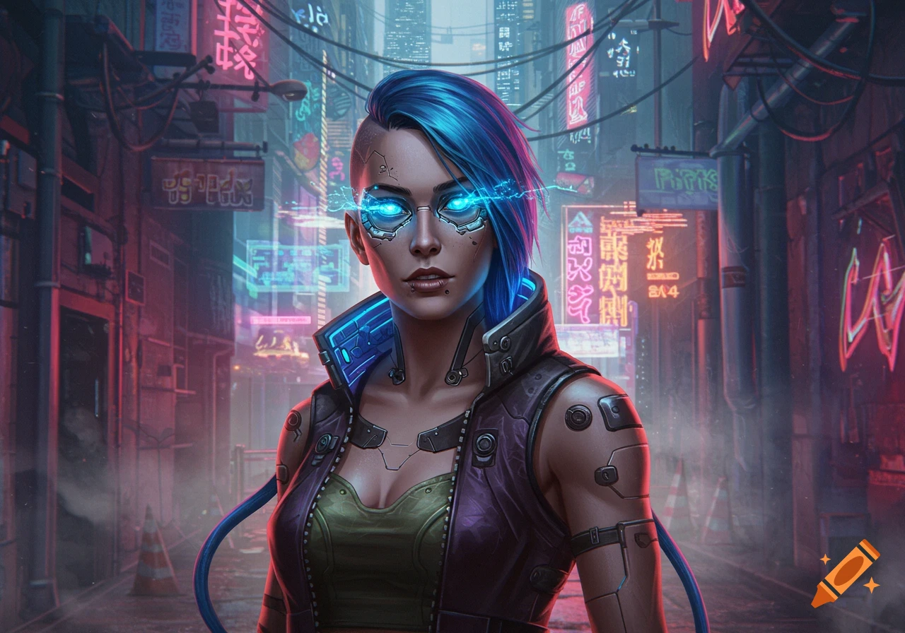 A cyberpunk woman with glowing blue eyes and blue hair stands in a neon-lit futuristic city.