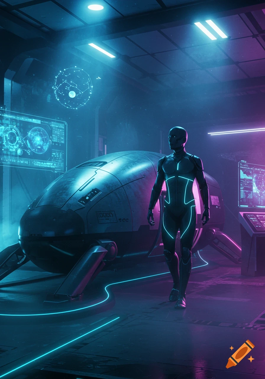 A person in a glowing black futuristic suit steps from a time machine in a neon-lit, high-tech hangar.