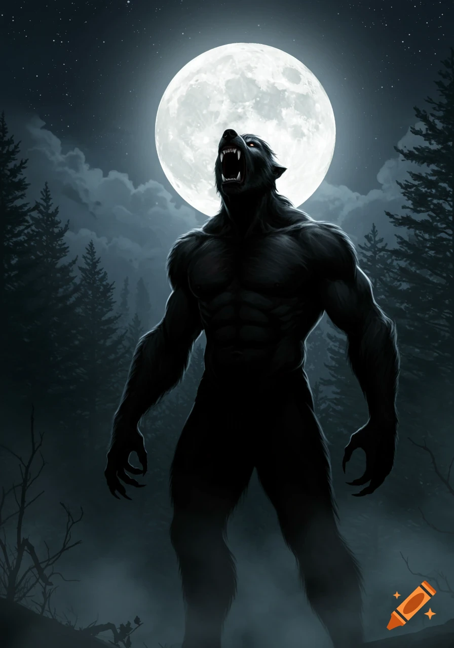 A muscular, dark-furred werewolf howls at a large full moon in a misty forest at night.