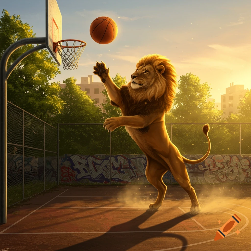 Illustrative image of a majestic lion leaping to dunk a basketball on an outdoor court at sunset.
