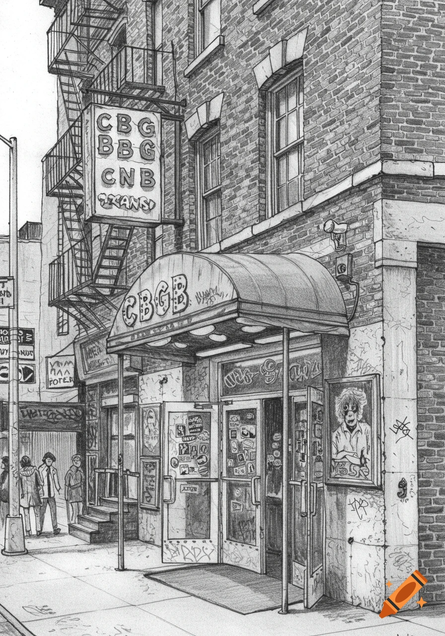 A detailed pencil sketch of the iconic CBGB club exterior, featuring its awning and a large sign with text, on a city street with brick buildings and fire escapes. People walk on the sidewalk.