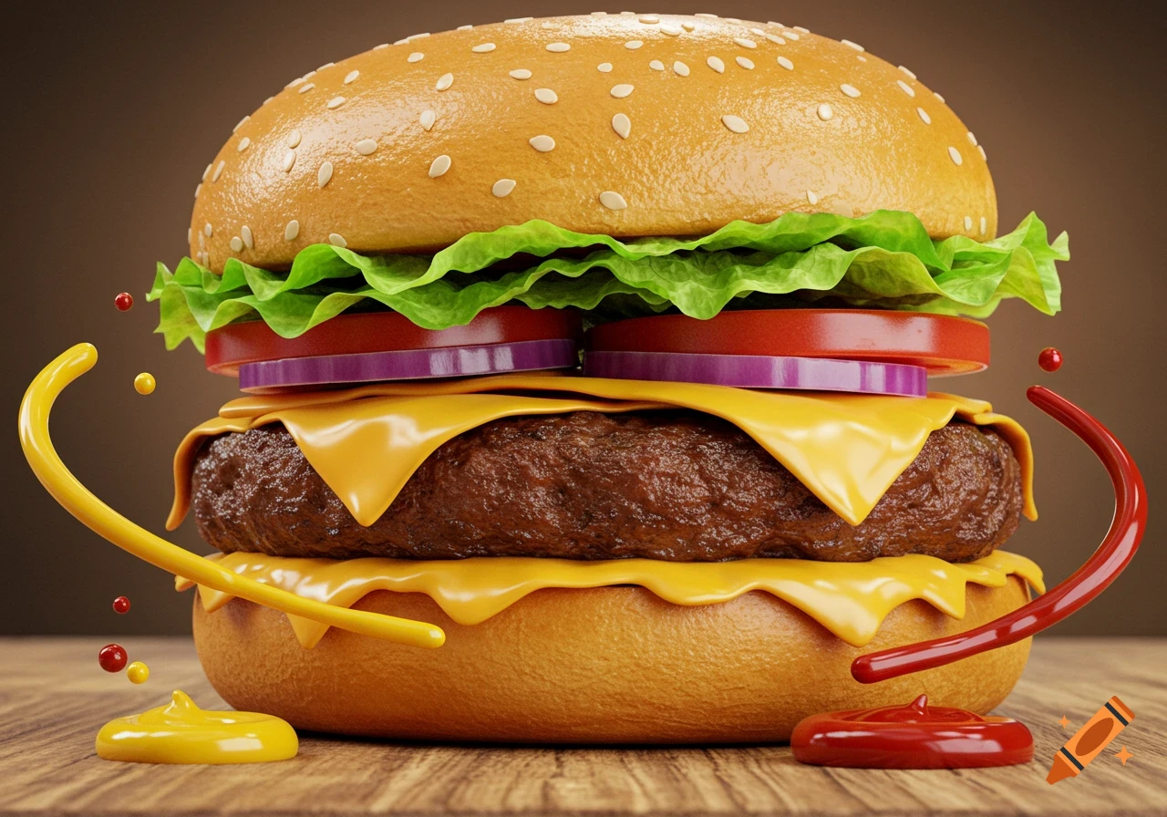 Photorealistic burger with lettuce, tomato, red onion, cheese, and patty on a sesame bun, with mustard and ketchup drizzling.