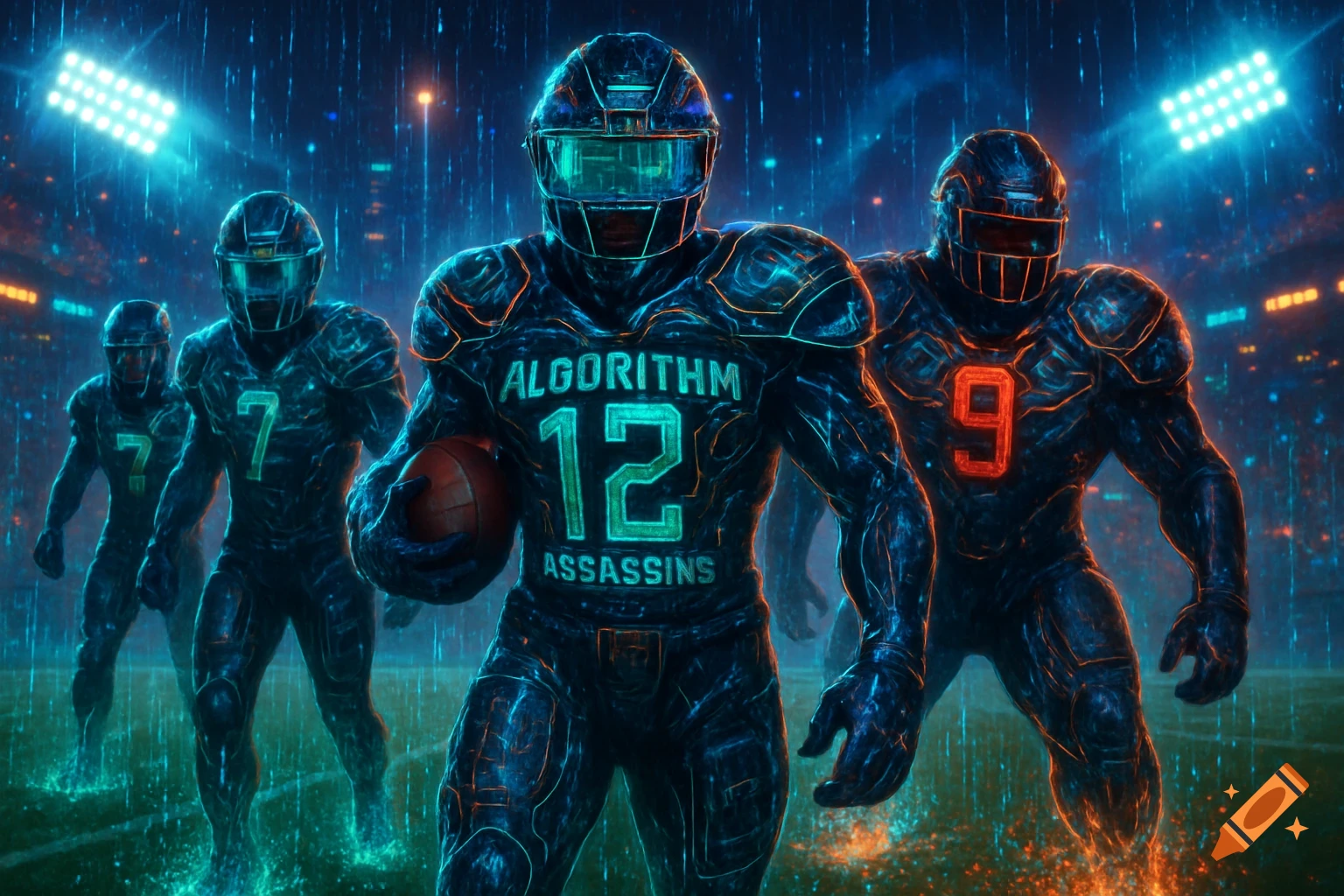 Stylized, glowing football players in futuristic black and teal 'Algorithm Assassins' jerseys with numbers 12, 7, 9 on a rainy field.