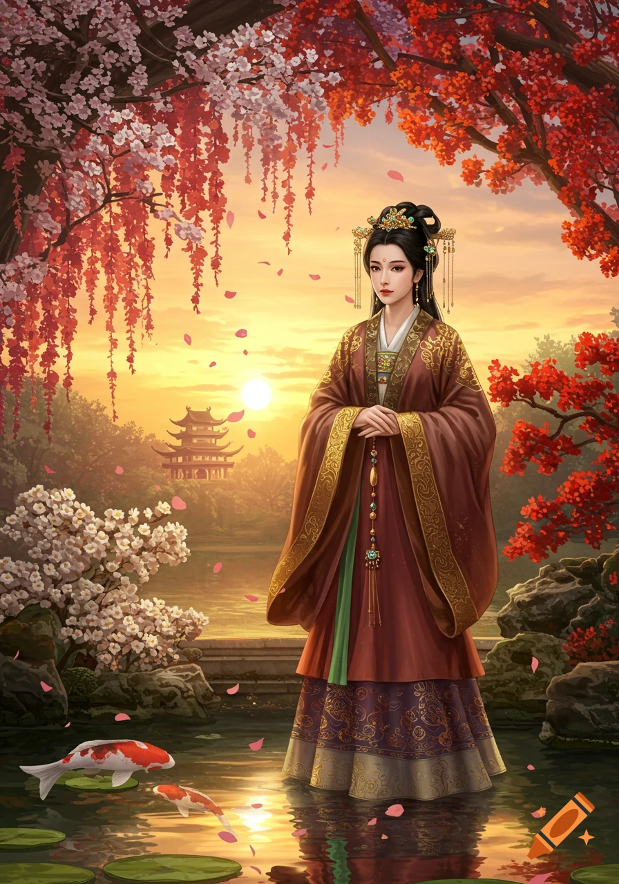 A beautiful Chinese woman in traditional dress stands by a pond with koi fish, cherry blossoms, and a pagoda at sunset in a vibrant painting.