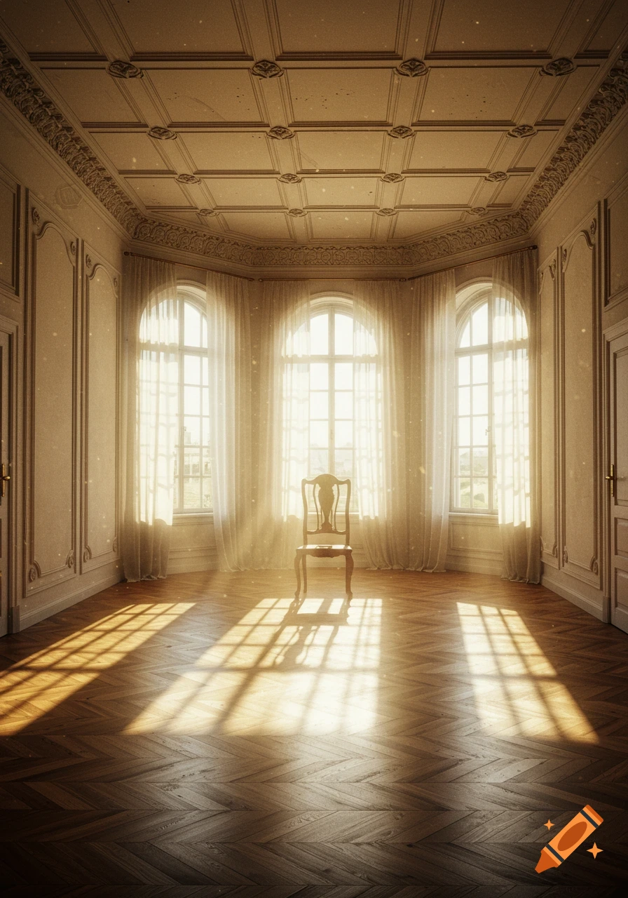 An elegant, empty room with ornate ceiling and large arched windows. Sunlight streams onto a single wooden chair and herringbone floor.