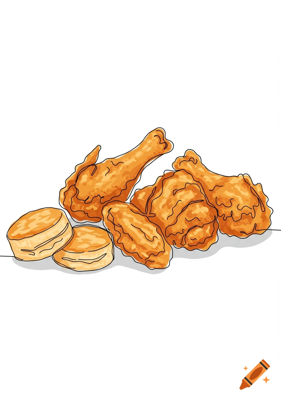A continuous line drawing of fried chicken legs, wings, and two biscuits on a white background.