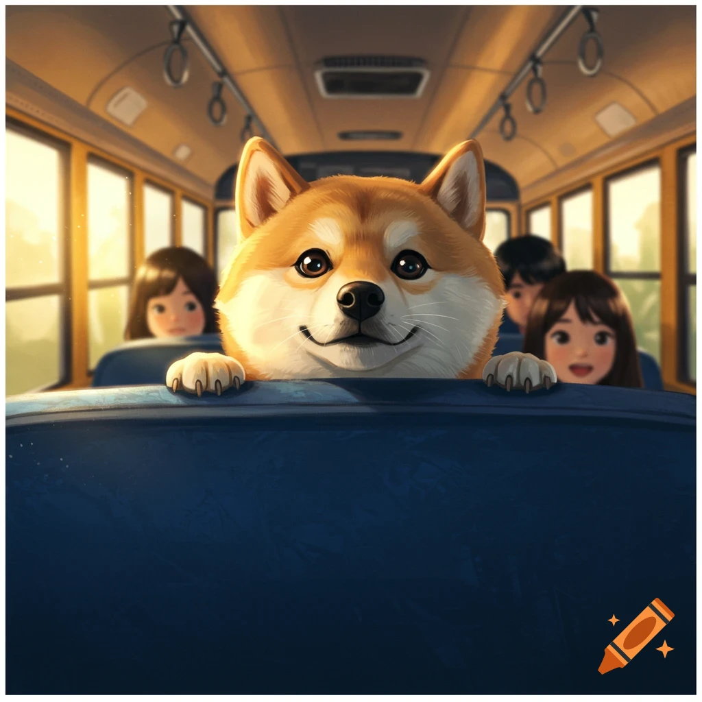 An adorable illustrated Shiba Inu dog peeking over a blue school bus seat, with smiling children in the background.