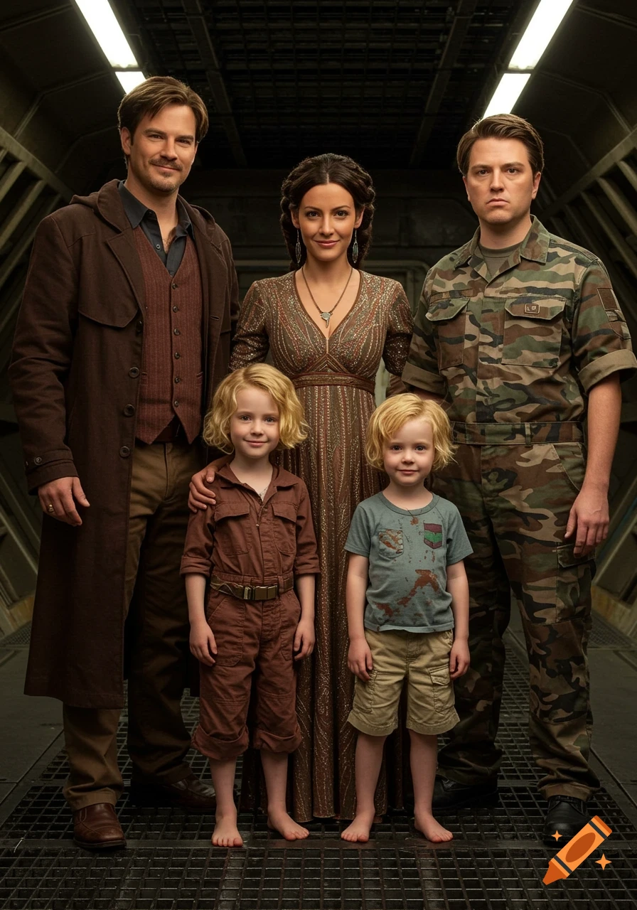 A photorealistic family portrait of two adults and two young children dressed as characters from the TV series Firefly, standing in a spaceship corridor.