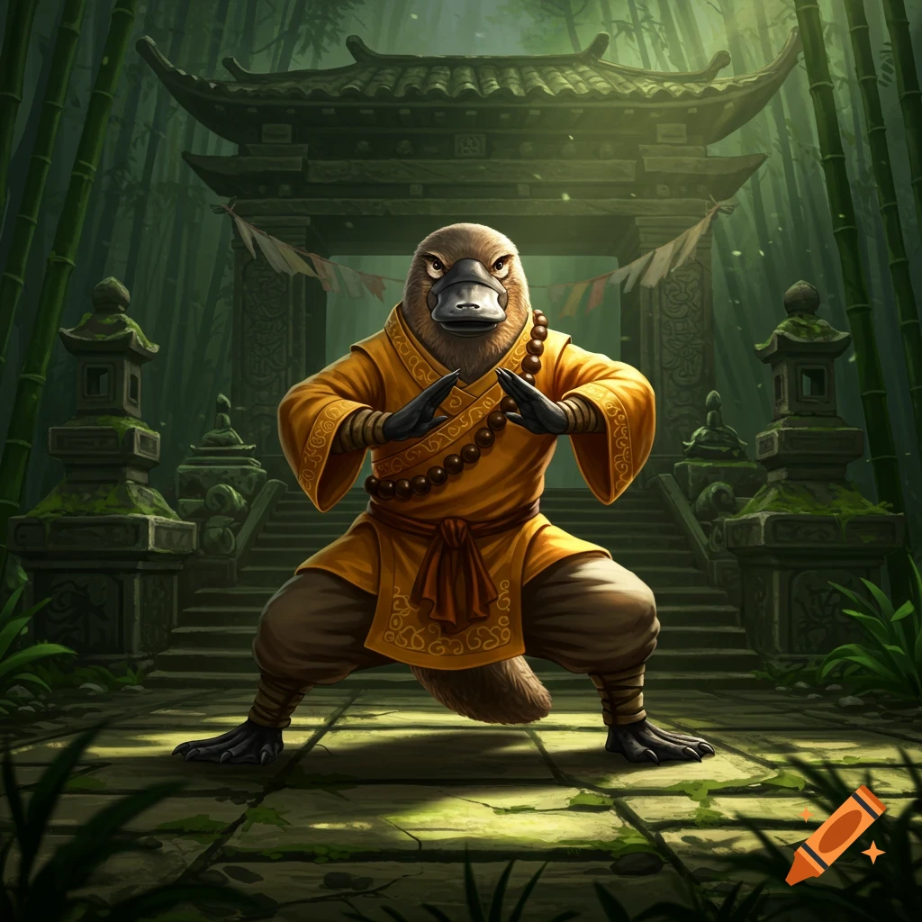 A platypus monk in a yellow robe assumes a martial arts brawler pose in front of a stone temple gate within a bamboo forest.