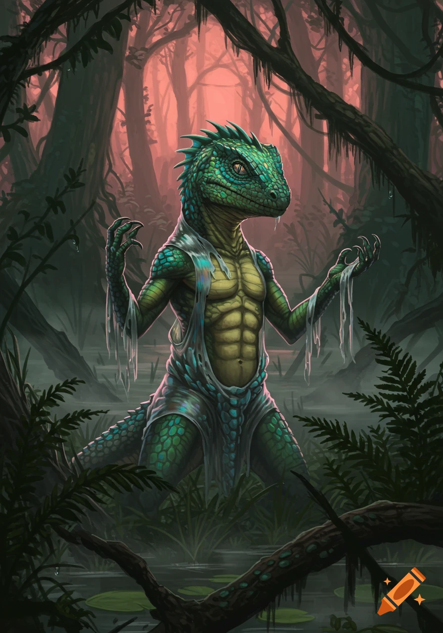 A green-scaled lizardfolk with exposed abs sheds tattered clothing in a misty, dark swamp.