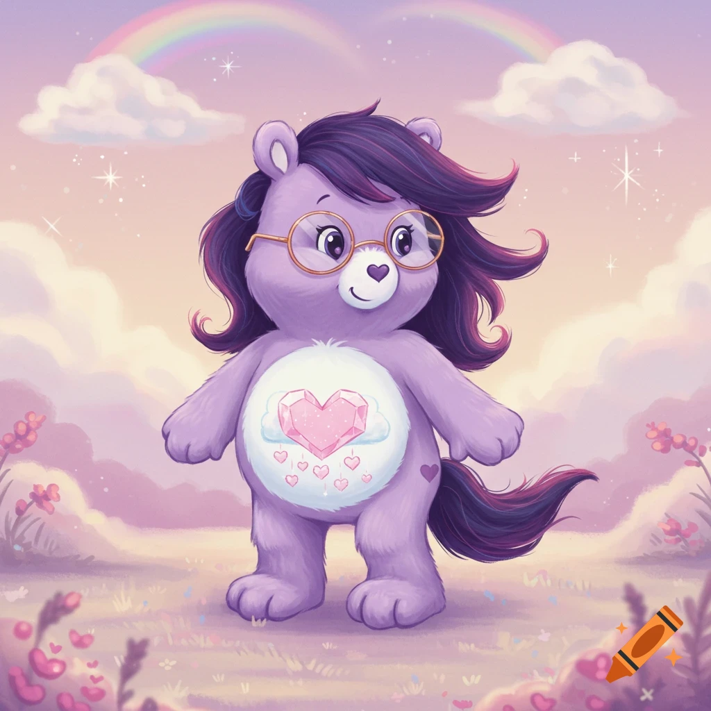 A purple, horse-like Care Bear with dark mane and tail, wearing glasses, stands in a pastel landscape with a rainbow.