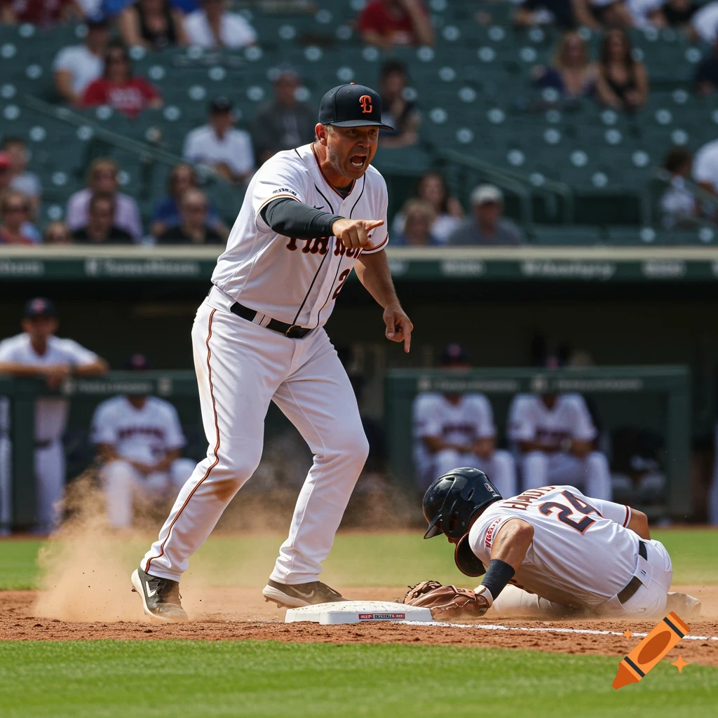 A baseball coach yells and points, with a player sliding into first base creating a dust cloud on a sunny field.