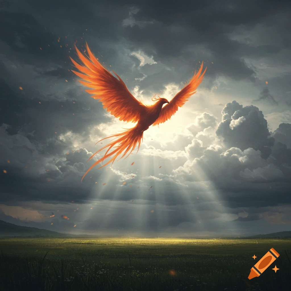 A majestic orange phoenix with large wings soars through a dramatic, cloudy sky with sunbeams illuminating a green field.