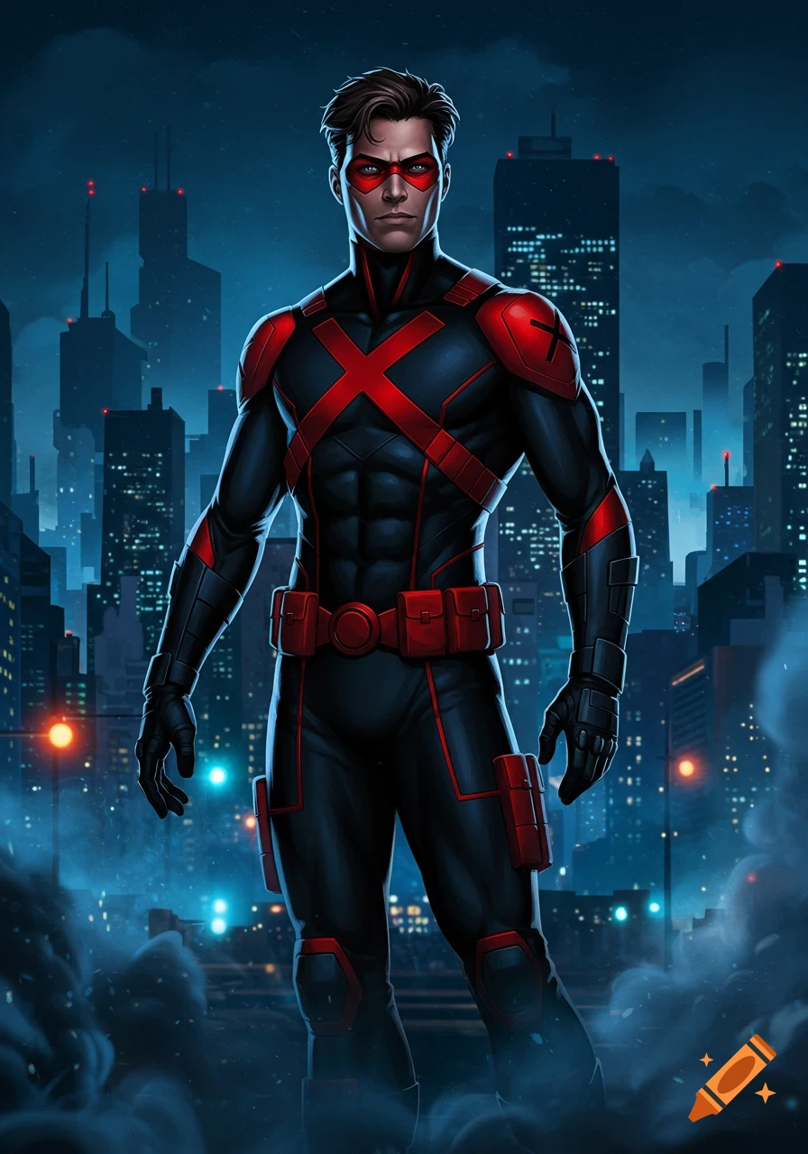 A male superhero in a black and red suit with an 'X' symbol on the chest stands in a dark cityscape.