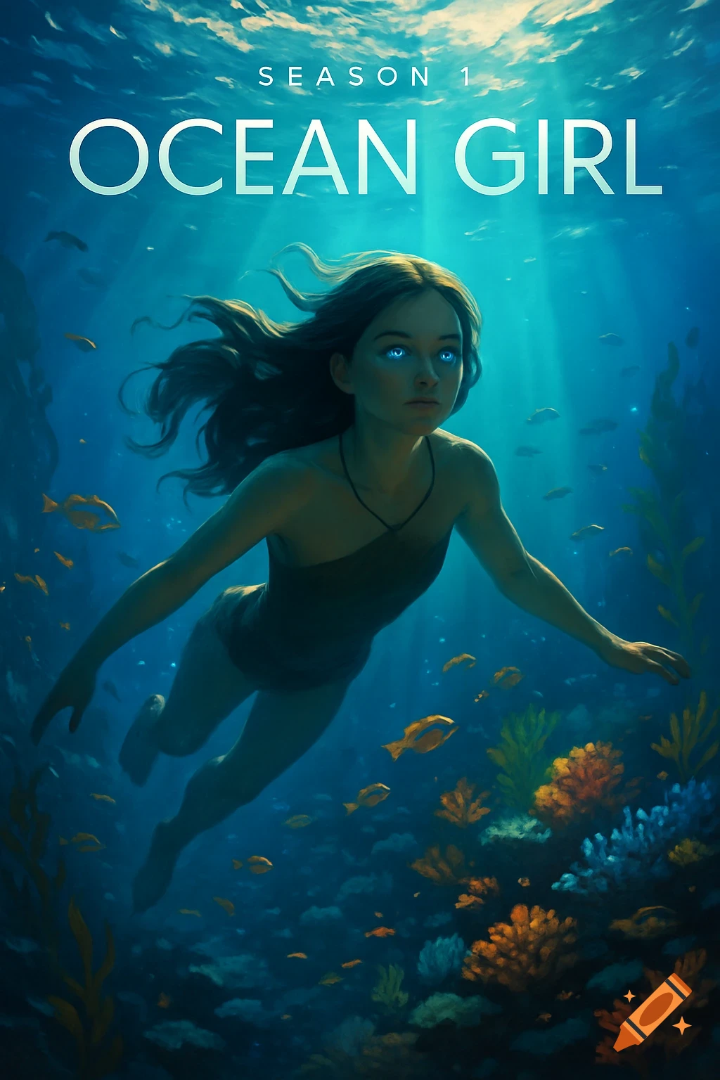 A poster for 'OCEAN GIRL SEASON 1' showing a girl with glowing blue eyes swimming in a deep blue ocean with fish and coral.