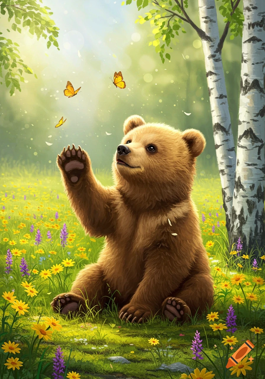 A cute brown bear sitting in a vibrant field of yellow and purple wildflowers, reaching up towards three orange butterflies under sunlit trees.