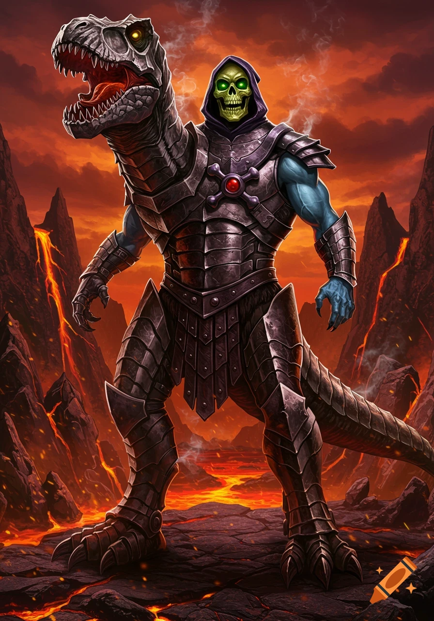 Skeletor in T-Rex armor stands in a volcanic landscape with flowing lava under a fiery sky, digital art.