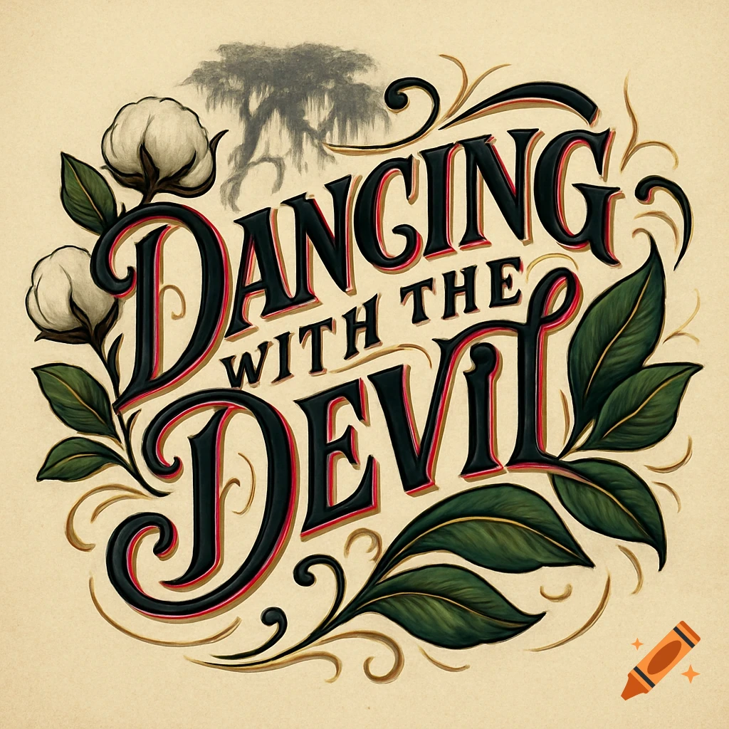 Stylized vintage-look logo with text 'Dancing with the Devil' surrounded by cotton plants and a swamp tree silhouette.
