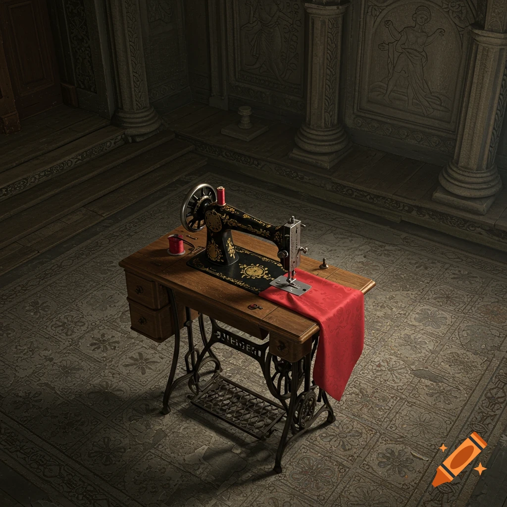 Top-down view of an antique black and gold sewing machine on a wooden table with a red cloth in a grand, dimly lit room.