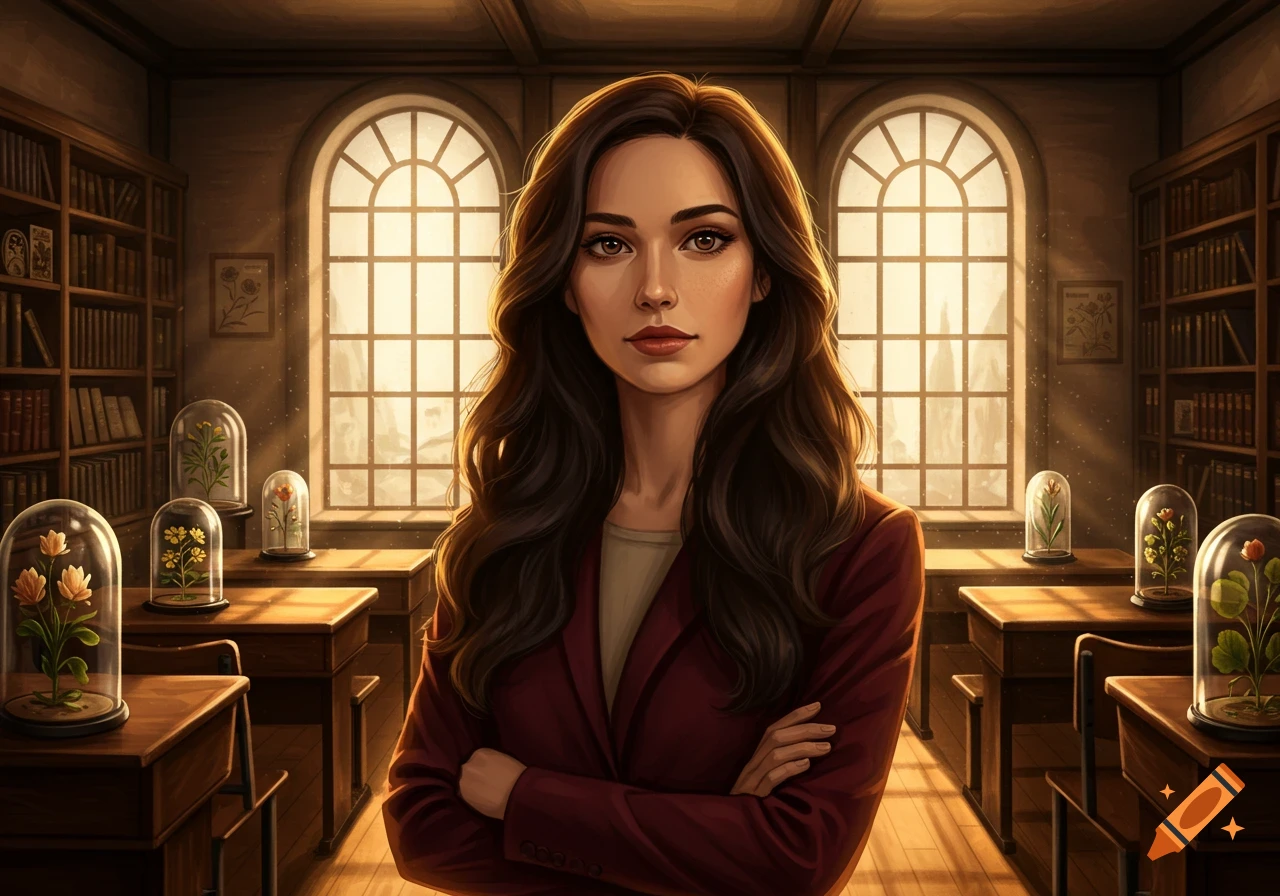 Digital art portrait of a woman with long dark hair in a library-like room with large windows and flower domes.