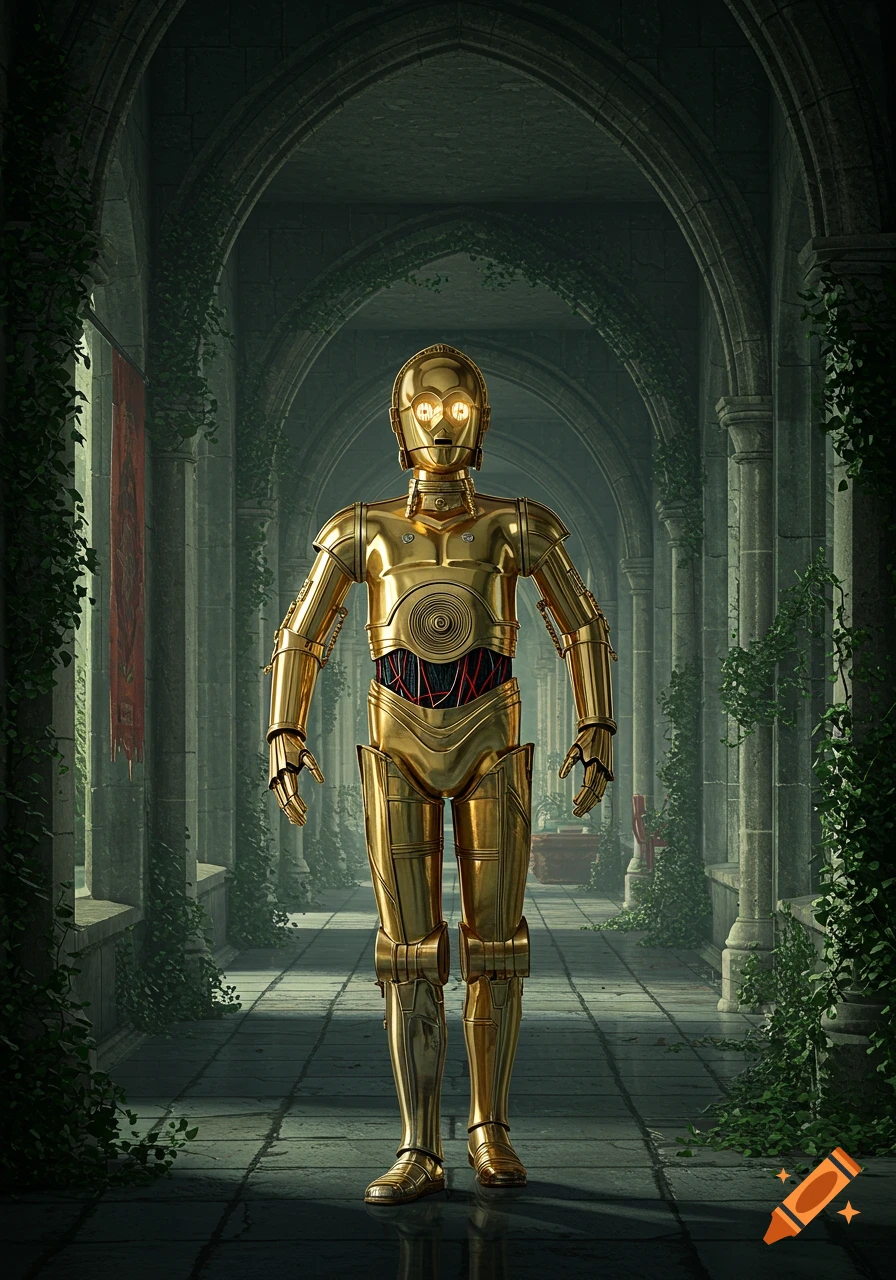 A photorealistic C-3PO stands in a dark, overgrown stone castle hallway with arched ceilings.