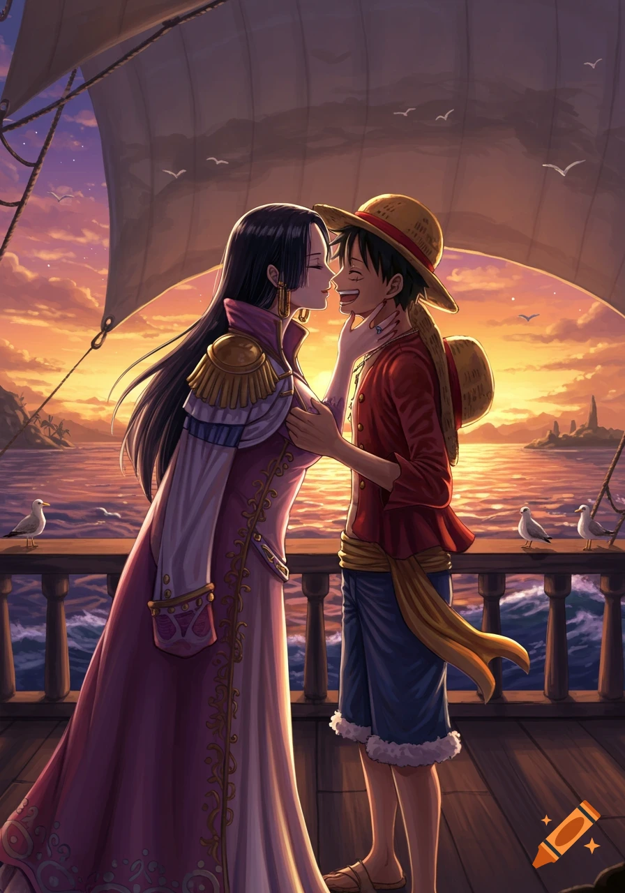Anime characters Hancock and Luffy almost kissing on a pirate ship at sunset over the ocean, in an illustrative style.