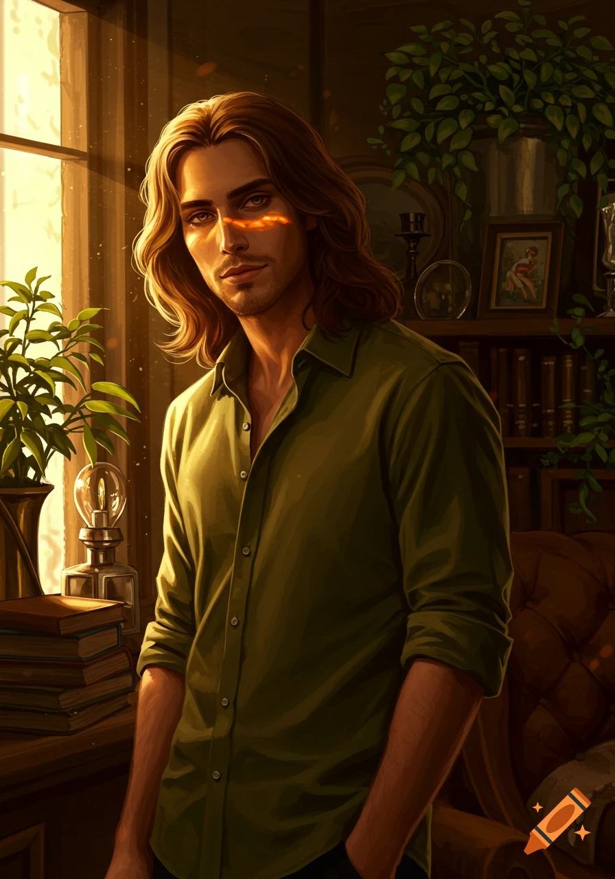 A digital painting of a man with long brown hair, an olive green shirt, and a golden streak on his face, standing by a sunny window in a room with plants.