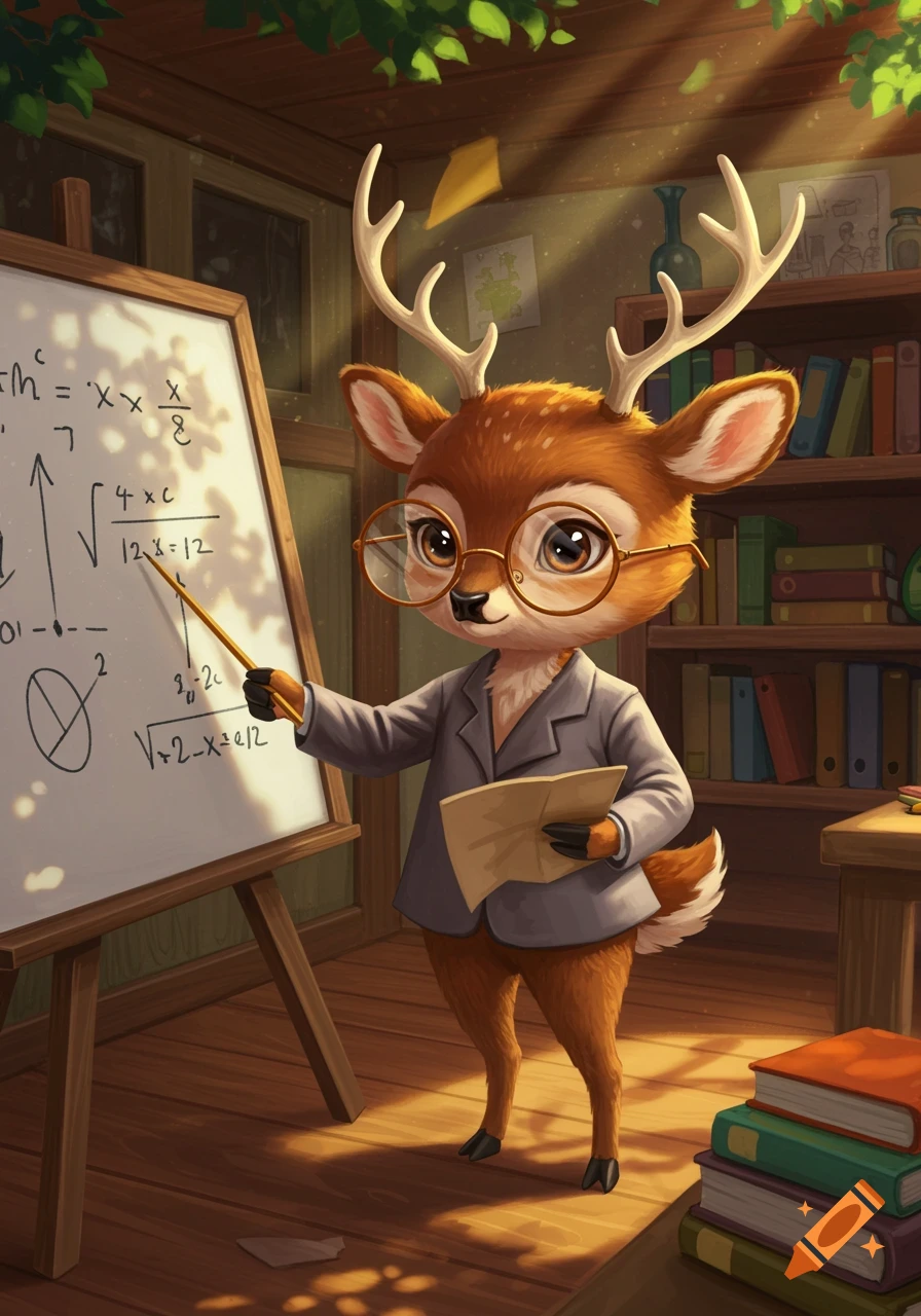A cute anthropomorphic deer teacher with glasses points at complex math equations on a whiteboard in a warm, illustrated classroom.