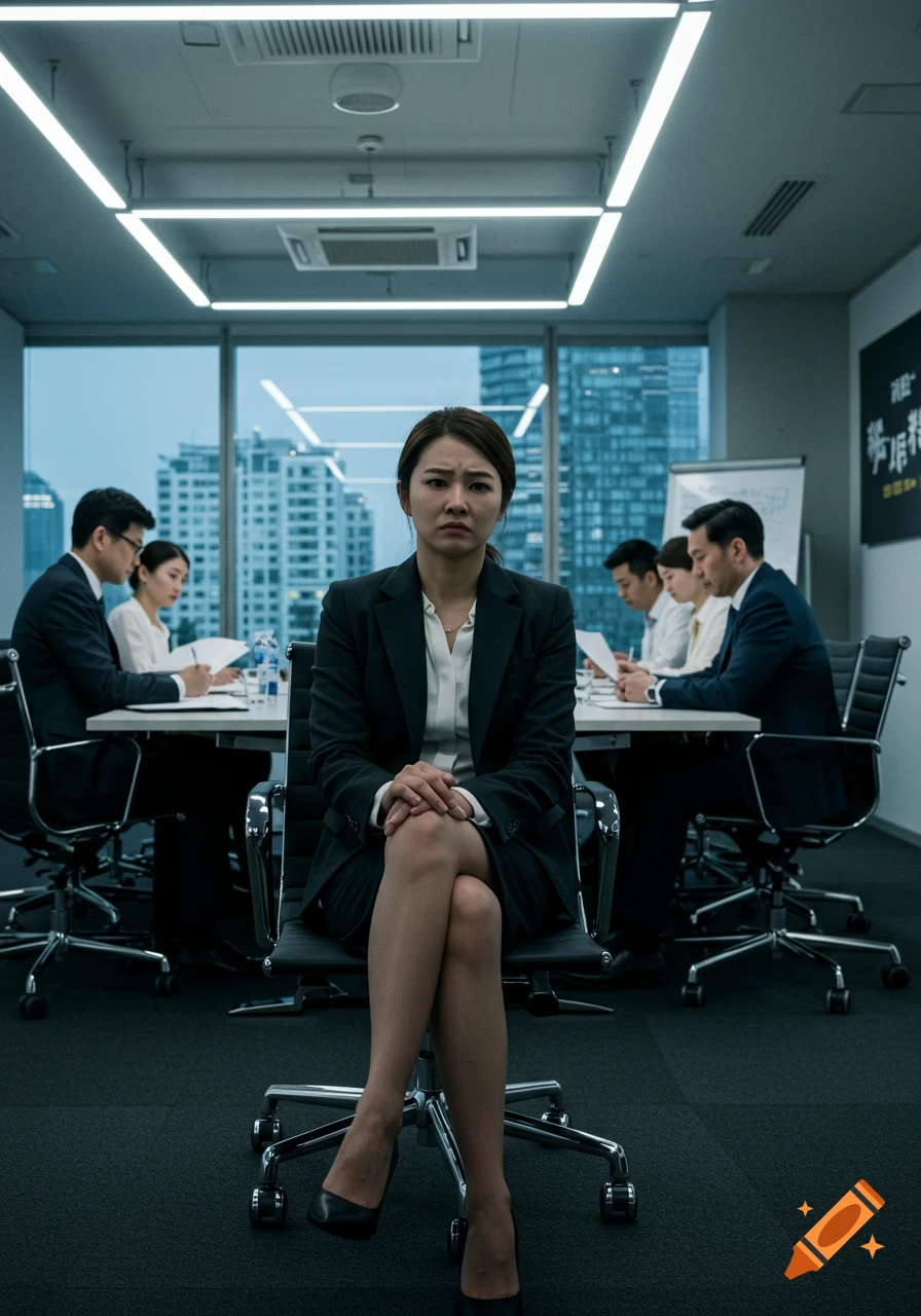 A woman in a business suit with a worried expression sits in an office meeting, while colleagues work at a table behind her. Photorealistic.