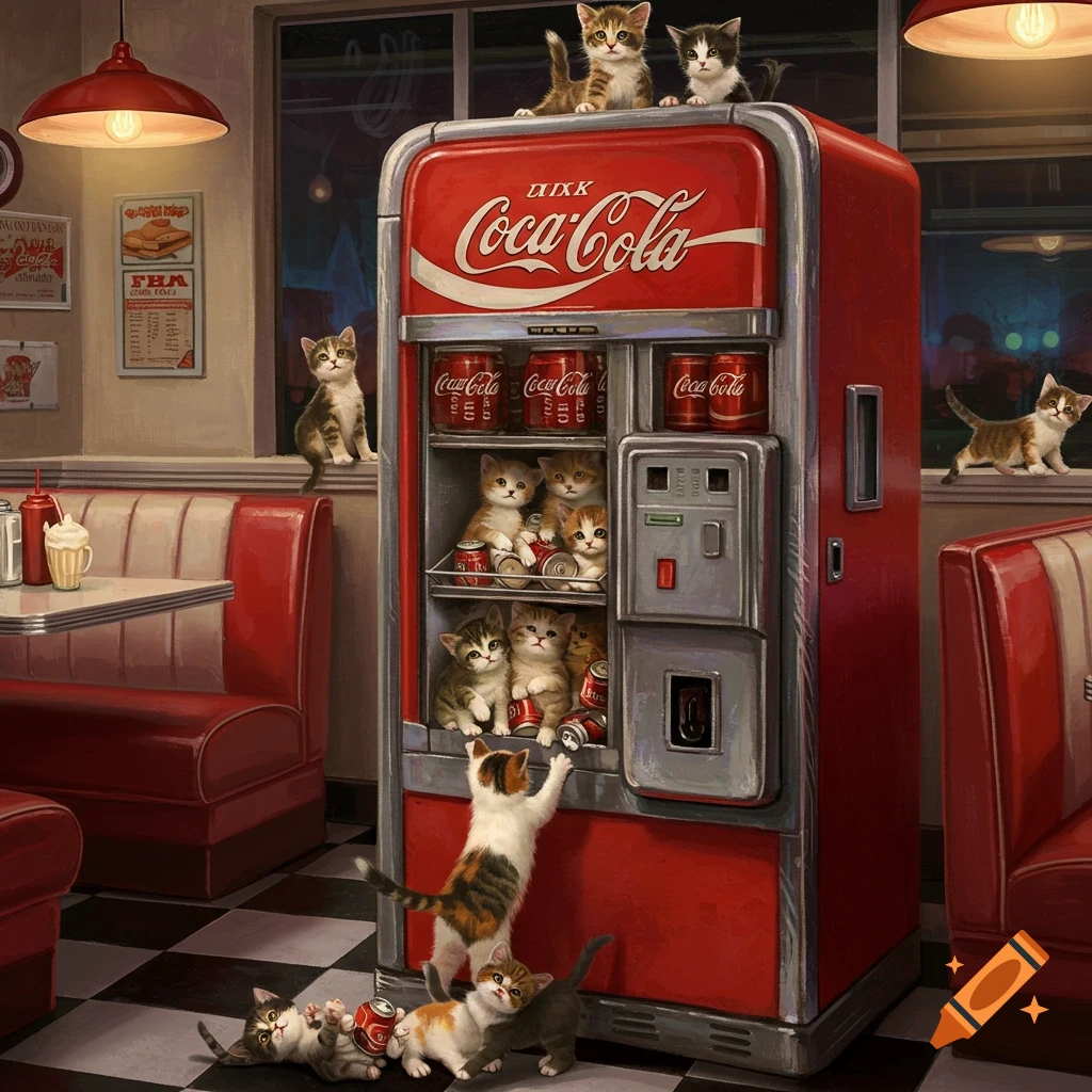 Kittens play in and around a red Coca-Cola vending machine in a retro diner, with some on top and others inside with cans.