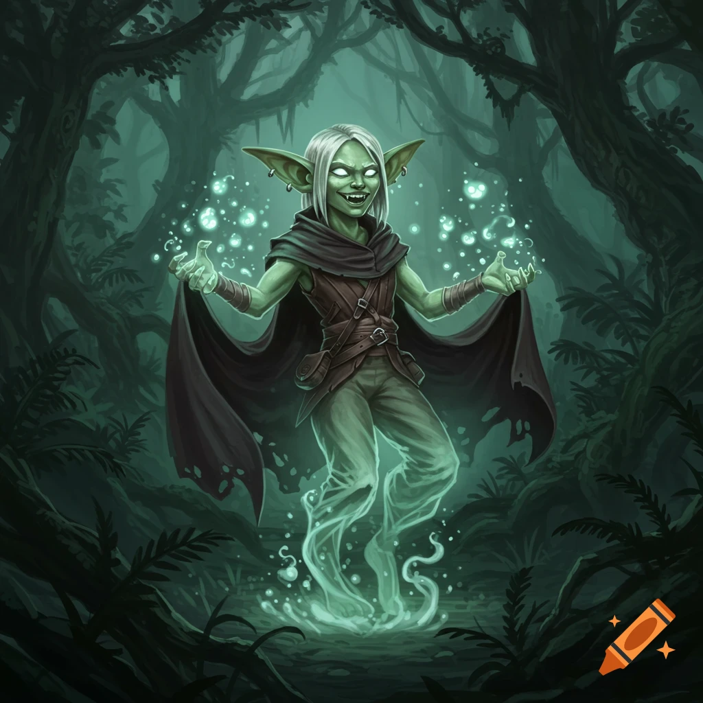 A pale green-skinned goblin with white hair and sharp teeth, floating amidst glowing mist and sparkling magic in a dark forest.