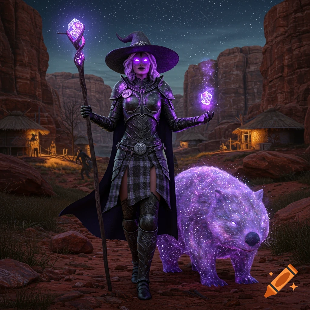 A warrior witch with glowing purple eyes and a staff stands with a glowing cosmic wombat in a canyon at night.