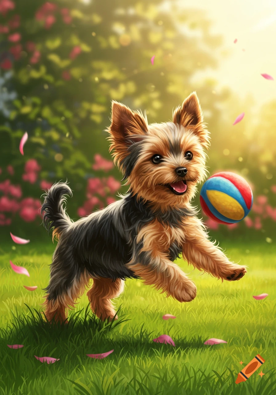 A cute Yorkie dog joyfully chases a colorful ball in a bright, sunny garden with pink petals, in a digital art style.