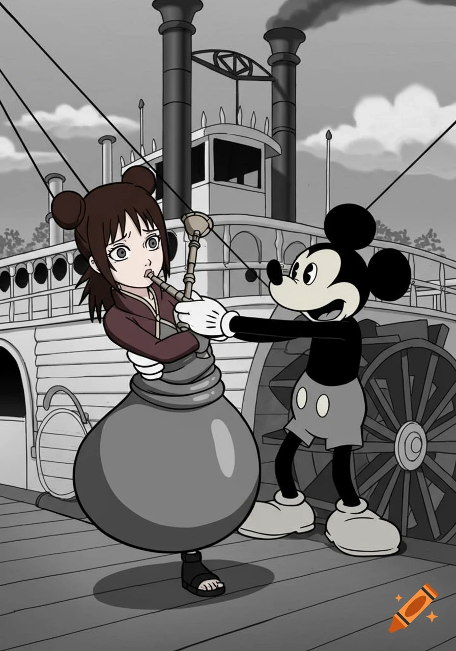 Steamboat Mickey squeezes Tenten from Naruto, who is shaped like a bagpipe, on a steamboat deck in a black and white cartoon style.