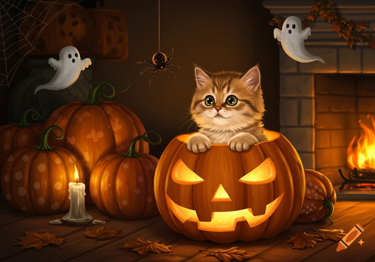 A cute kitten sits inside a glowing jack-o'-lantern surrounded by pumpkins, a candle, ghosts, and a spider in a cozy Halloween illustration.