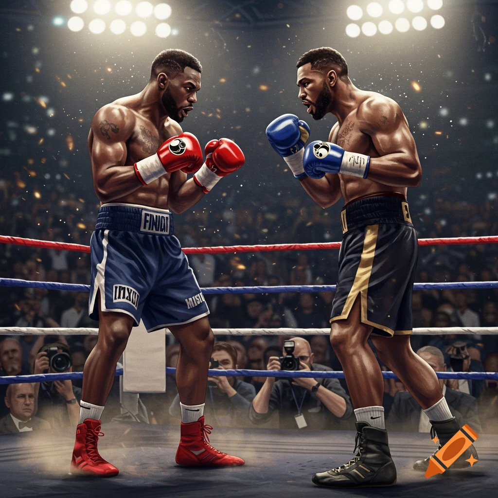 A photorealistic image of two muscular boxers facing off in a brightly lit boxing ring, surrounded by a crowd.
