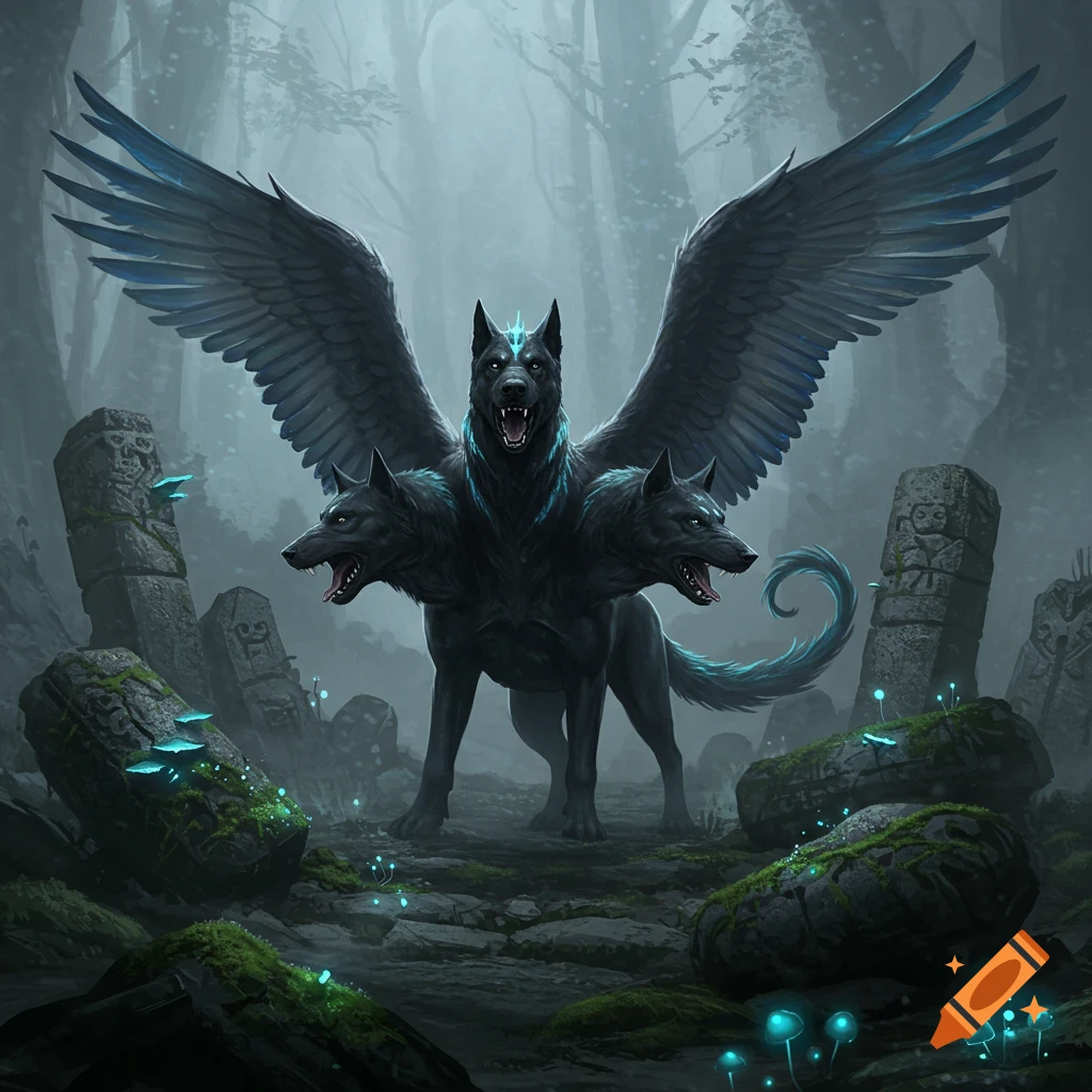 A three-headed, winged black dog with glowing blue accents stands in a misty, ancient forest with mossy ruins and bioluminescent mushrooms.