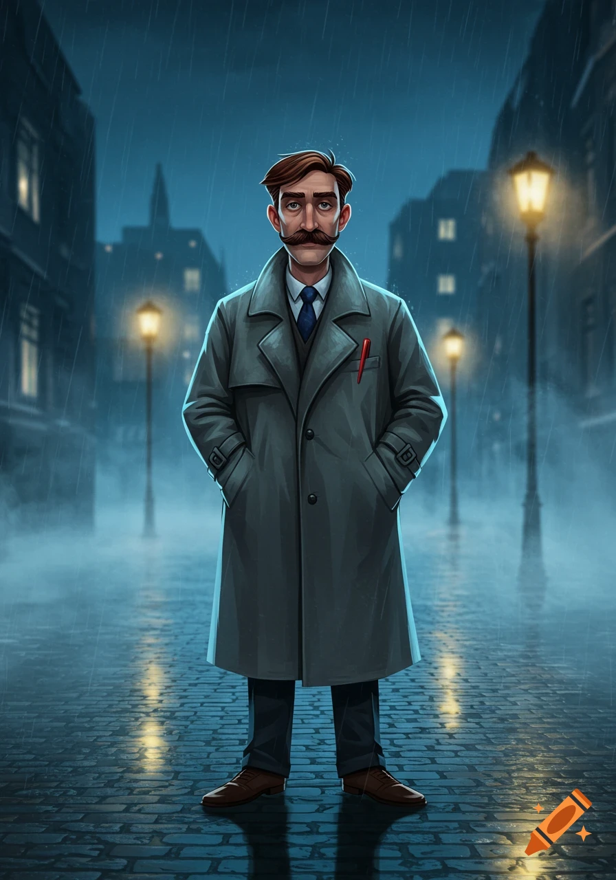 Animated detective with a bushy mustache and trench coat stands in a rainy city street at night.