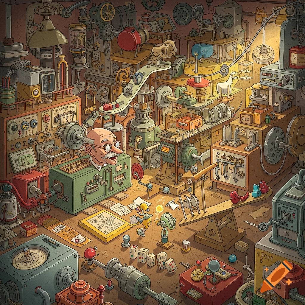 A whimsical, highly detailed cartoon illustration of a complex Rube Goldberg machine filling an inventor's workshop.