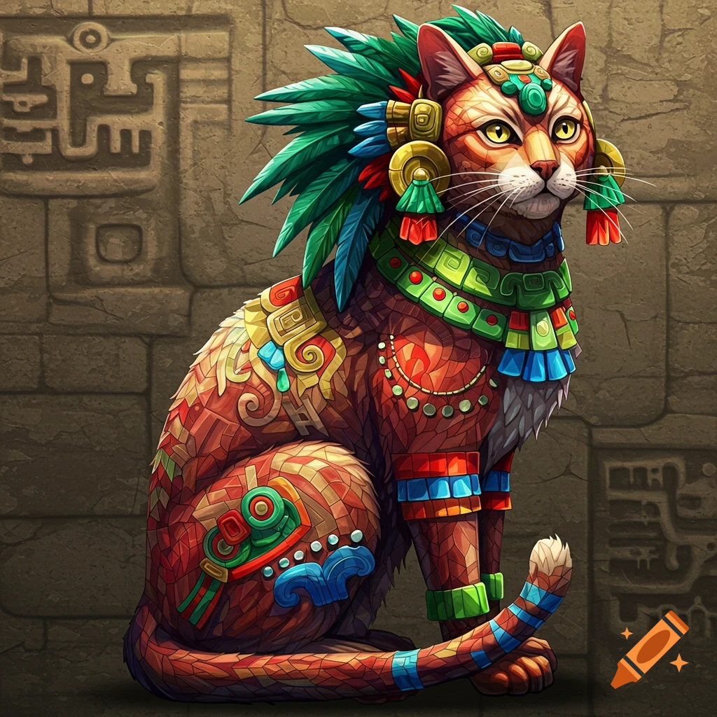 A cat stylized as an Aztec god mosaic, with red, blue, and green patterns, sitting against a stone wall with glyphs.